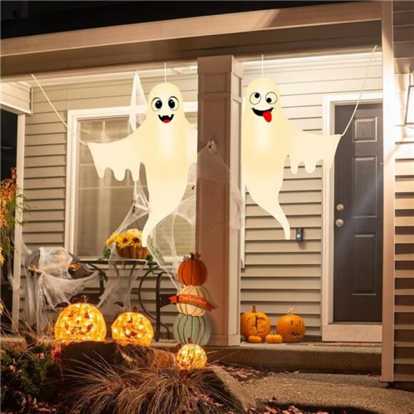 2 Pcs Halloween Porch Decoration Cute Ghost Decoration, with Timer and LED - Picture 5 of 8